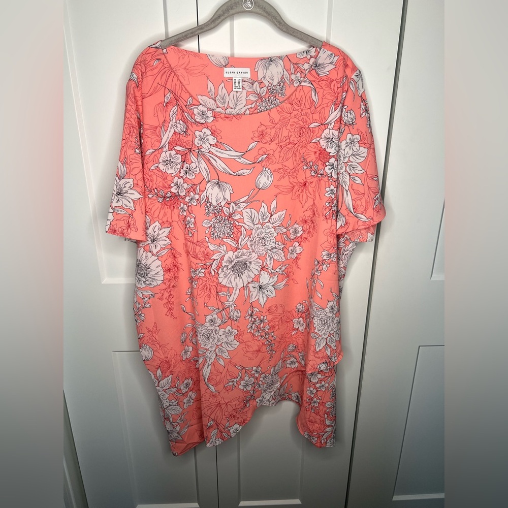 Susan Graver Floral Crossover Flutter Blouse Tunic Plus Size 2X NWOT
